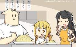 Rule 34 | 2girls, alternate costume, apron, black hair, blonde hair, commentary request, eating, closed eyes, food, fried rice, hamu koutarou, highres, indoors, kantai collection, long hair, low twintails, multicolored hair, multiple girls, naganami (kancolle), pink hair, satsuki (kancolle), shirt, sign, sleeves rolled up, t-shirt, the yuudachi-like creature, translated, twintails, two-tone hair, upper body, wavy hair, white shirt, yellow apron, yellow eyes