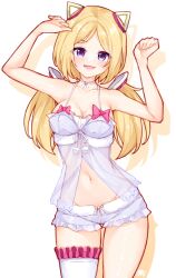 Rule 34 | 1girl, aki rosenthal, bare shoulders, blonde hair, blush, bob cut, breasts, cleavage, detached hair, hair ornament, headgear, highres, hololive, large breasts, long hair, looking at viewer, low twintails, ma draws, navel, open mouth, parted bangs, purple eyes, short hair, smile, solo, thighs, twintails, virtual youtuber