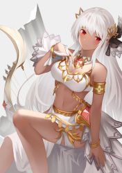 Rule 34 | .l.l, 1girl, absurdres, bow, bracelet, breasts, cleavage, dancing archer tinia, dark skin, feet out of frame, gem, grey background, guardian tales, hair ornament, hand up, head tilt, highres, jewelry, long hair, looking at viewer, medium breasts, navel, red eyes, sitting, sleeveless, thighs, weapon, white hair
