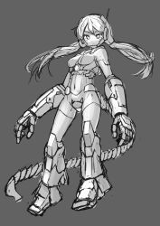 Rule 34 | 1girl, antennae, armor, closed mouth, grey background, greyscale, long hair, mecha musume, mechanical tail, monochrome, navel, omaru gyuunyuu, original, simple background, sketch, solo, tail, twintails