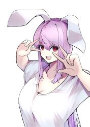 Rule 34 | 1girl, :d, absurdres, animal ears, breasts, cleavage, commentary request, highres, large breasts, long hair, looking at viewer, open mouth, purple hair, rabbit ears, rabbit girl, red eyes, reisen udongein inaba, sidelocks, simple background, smile, solo, teeth, touhou, upper body, upper teeth only, v, w, white background, yagoro kusuriya