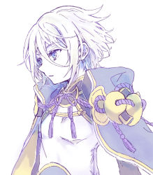 Rule 34 | 1boy, black cape, blue eyes, cape, fate/grand order, fate (series), hair between eyes, highres, looking away, male focus, parted lips, prince of lan ling (fate), shirt, simple background, solo, tachitsu teto, upper body, white background, white hair, white shirt
