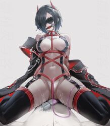 Rule 34 | 1boy, 1girl, absurdres, azur lane, ball gag, bare shoulders, black coat, black hair, black thighhighs, blindfold, breast strap, breasts, c-string, chinese commentary, cleavage, coat, collarbone, commander (azur lane), commentary request, commission, crop top, cross, cum, cum on body, cum on clothes, cum on legs, ear piercing, gag, gagged, garter straps, gluteal fold, hair between eyes, hair ornament, hair over one eye, head out of frame, highres, hitachi magic wand, horns, iron cross, jacket, large breasts, lin jingling, long sleeves, looking at viewer, mechanical horns, multicolored hair, navel, o-ring, off shoulder, pants, parted lips, piercing, pussy juice, pussy juice puddle, red horns, red rope, restrained, rope, second-party source, sex toy, shadow, shibari, shibari over clothes, shirt, short hair, sidelocks, simple background, sitting, sitting on person, skindentation, sleeveless, sleeveless shirt, solo focus, stomach, straddling, strapless bottom, thighhighs, thighs, ulrich von hutten (azur lane), vibrator, white background, white hair, white jacket, white pants, white shirt, yellow eyes