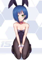 Rule 34 | 10s, 1girl, alternate costume, animal ears, bare arms, bare shoulders, between legs, black hairband, black pantyhose, blue hair, bow, bowtie, breasts, caibao return, character name, cleavage, closed mouth, covered navel, darling in the franxx, detached collar, fake animal ears, frown, full body, green eyes, hair ornament, hairband, hairclip, hand between legs, hexagon, highres, ichigo (darling in the franxx), kneeling, leotard, looking at viewer, own hands together, pantyhose, playboy bunny, purple footwear, purple leotard, rabbit ears, rabbit girl, red bow, red bowtie, short hair, small breasts, solo, strapless, strapless leotard, wrist cuffs