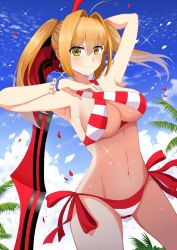 Rule 34 | bikini, blonde hair, caster (nero claudius), fate/grand order, fate (series), green eyes, highres, long hair, renfan aky, smile, swimsuit, sword, twintails, weapon