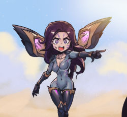 Rule 34 | 1girl, :d, black footwear, black gloves, bodysuit, boots, breasts, collarbone, covered navel, detached wings, gloves, grey bodysuit, kai&#039;sa, league of legends, long hair, medium breasts, multicolored background, open mouth, phantom ix row, pointing, purple eyes, red hair, smile, solo, sweatdrop, teeth, thigh boots, upper teeth only, wings