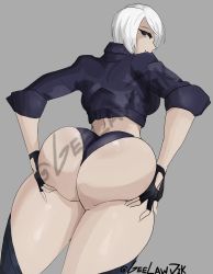 Rule 34 | 1girl, absurdres, angel (kof), artist name, ass, ass grab, blue eyes, fingerless gloves, geelawjik, gloves, grabbing own ass, grey background, highres, huge ass, jacket, looking back, short hair, smile, solo, the king of fighters, thick thighs, thighs, white hair