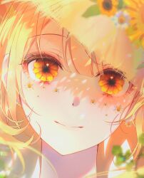 Rule 34 | 1girl, 58 (opal 00 58), blonde hair, blunt bangs, close-up, closed mouth, commentary, english commentary, eye focus, eyelashes, flower, gradient eyes, hat, highres, light blush, light rays, multicolored eyes, orange eyes, original, portrait, red eyes, shadow, short hair, smile, solo, sun hat, sunflower, yellow eyes