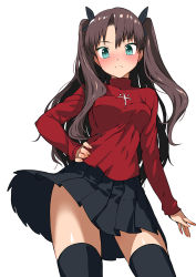 Rule 34 | 1girl, black ribbon, black skirt, black thighhighs, blue eyes, blush, breasts, brown hair, commentary request, doushimasho, fate/stay night, fate (series), hair ribbon, hand on own hip, legs apart, long hair, looking at viewer, medium breasts, red shirt, ribbon, shirt, simple background, skirt, solo, standing, thighhighs, tohsaka rin, twintails, two side up, white background