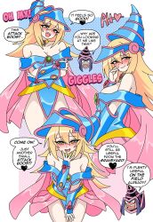 Rule 34 | 1boy, 1girl, absurdres, angry, arm guards, bare shoulders, blonde hair, blue dress, blue hat, blue leotard, blunt ends, blush, blush stickers, breasts, brooch, cape, chibi, cleavage, conical hat, covering own mouth, crossed arms, dark magician, dark magician girl, dress, duel monster, fang, gem, giggling, gold choker, green eyes, green gemstone, hand on own arm, hand to own mouth, hat, heart, heart-shaped pupils, highres, jewelry, large breasts, leotard, long eyelashes, long hair, looking at viewer, moaning, neck ring, nico-neko, off-shoulder dress, off shoulder, open mouth, pale skin, pink cape, pointy hat, purple hair, purple hat, red gemstone, self hug, sexually suggestive, short dress, sleeveless leotard, smile, spoken heart, symbol-shaped pupils, turn pale, wizard hat, yu-gi-oh!