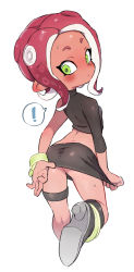 Rule 34 | !, 1girl, agent 8 (splatoon), ass, backpack, bag, black footwear, black shirt, black skirt, blush, boots, breasts, brown hair, closed mouth, crop top, embarrassed, forehead, green eyes, high heel boots, high heels, knee boots, long hair, long sleeves, looking at viewer, looking back, midriff, miniskirt, navel, nintendo, no panties, octoling, octoling girl, octoling player character, parted bangs, shirt, shoe soles, skirt, small breasts, solo, splatoon (series), splatoon 2, splatoon 2: octo expansion, spoken exclamation mark, standing, standing on one leg, sweat, tentacle hair, ter (otokoter), thigh strap