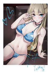 Rule 34 | 1girl, absurdres, alternate costume, arm support, bikini, black choker, blonde hair, blue archive, blue bikini, blue eyes, blush, breasts, character name, choker, collarbone, commentary, doodles, double v, groin, heart, highres, long hair, looking at viewer, medium breasts, murabito c, navel, photo (object), signature, sitting, solo, stomach, swimsuit, symbol-only commentary, toki (blue archive), untied bikini, v, v over eye, very long hair