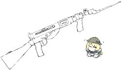 Rule 34 | 1girl, ^ ^, bayonet, black neckerchief, blonde hair, blue jacket, chibi, closed eyes, commentary request, dress, grey footwear, grey hat, gun, hat, jacket, jervis (kancolle), kantai collection, knife, long hair, neckerchief, no mouth, sailor dress, shoes, simple background, solo, sten gun, submachine gun, task (s task80), weapon, white background, white dress