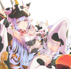 Rule 34 | 1girl, animal ears, animal print, arm behind head, arm up, armpits, bare shoulders, bikini, blue hair, blush, breasts, catura (granblue fantasy), cleavage, cow, cow ears, cow girl, cow hat, cow horns, cow print, cow tail, detached collar, detached sleeves, draph, ear piercing, granblue fantasy, highres, horns, large breasts, leaning back, long hair, looking at viewer, motor vehicle, motorcycle, navel, piercing, pointy ears, see-through, short shorts, shorts, spread legs, swimsuit, tail, thighhighs, thighs, white bikini, white shorts, white thighhighs, wide sleeves, yellow eyes, yilan un