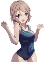 Rule 34 | blue eyes, breasts, collarbone, competition swimsuit, covered navel, cowboy shot, highres, light brown hair, looking at viewer, love live!, love live! sunshine!!, medium breasts, natsume suzuri, one-piece swimsuit, short hair, simple background, swimsuit, thigh gap, upper body, w arms, watanabe you, white background