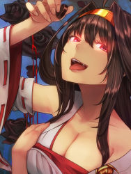 Rule 34 | 10s, 1girl, baffu, breasts, brown hair, chocolate, cleavage, clothes pull, detached sleeves, fang, glowing, glowing eyes, hairband, hand on own chest, highres, japanese clothes, kantai collection, kongou (kancolle), long hair, looking at viewer, nontraditional miko, open mouth, red eyes, shirt pull, sidelocks, smile, solo, tongue, tongue out
