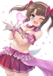 Rule 34 | 1girl, bare hips, bare shoulders, blue eyes, bra, breasts, brown hair, cleavage, fang, fang out, gloves, hair ribbon, heart, highres, kageira, large breasts, looking at viewer, magical girl, miniskirt, minori (senran kagura), navel, one eye closed, open mouth, ribbon, senran kagura, short hair, skirt, smile, standing, thighhighs, thighs, twintails, underboob, underwear, wink