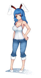 Rule 34 | 1girl, alternate costume, animal ears, aoshima, bare arms, bare shoulders, blue hair, breasts, camisole, casual, cleavage, collarbone, commentary request, contemporary, covered navel, denim, drill hair, full body, highres, jeans, large breasts, long hair, looking at viewer, pants, rabbit ears, red eyes, seiran (touhou), shoes, sideboob, simple background, solo, spaghetti strap, standing, thighs, touhou, twin drills, white background, white footwear