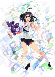 Rule 34 | 10s, 1girl, ahoge, black hair, cityscape, harada takehito, highres, loafers, official art, one side up, open mouth, outstretched arm, outstretched hand, pleated skirt, school uniform, serafuku, shoes, short hair, siblings, sisters, skirt, socks, solo, stuffed animal, stuffed toy, teddy bear, todoroki amane, white socks, zetsumetsu kigu shoujo amazing twins