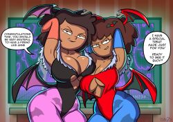 Rule 34 | 2girls, amphibia, anne boonchuy, bare shoulders, black eyes, black hair, breast press, breasts, bridal gauntlets, brown hair, cleavage, come hither, cosplay, dark skin, demon girl, head wings, highres, large breasts, leotard, lilith aensland, lilith aensland (cosplay), medium breasts, medium hair, morrigan aensland, morrigan aensland (cosplay), mrs. boonchuy, multiple girls, naughty face, pantyhose, planz34, short hair, smile, vampire (game), wings