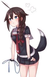 Rule 34 | 1girl, absurdres, ahoge, animal collar, black hair, black serafuku, black skirt, blue eyes, blush, braid, breasts, collar, commentary request, dog tail, expressive hair, fingerless gloves, gloves, hair between eyes, hair flaps, hair ornament, hair over shoulder, highres, kantai collection, leash, long hair, neckerchief, outstretched arms, pleated skirt, pout, red neckerchief, school uniform, serafuku, shigure (kancolle), shigure kai ni (kancolle), short sleeves, sidelocks, simple background, single braid, skirt, small breasts, solo, tail, tiemu (man190), v-shaped eyebrows, white background