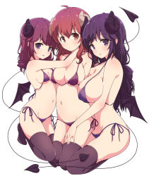 Rule 34 | 3girls, ahoge, bad id, bad twitter id, bikini, black thighhighs, blush, breasts, brown hair, commentary request, demon girl, demon horns, demon tail, demon wings, drill hair, highres, horns, hug, large breasts, long hair, looking at viewer, low ponytail, machikado mazoku, mature female, medium breasts, mel (melty pot), mother and daughter, multiple girls, navel, purple bikini, purple eyes, purple hair, red eyes, red hair, siblings, side-tie bikini bottom, sisters, swimsuit, tail, thighhighs, tongue, tongue out, wings, yoshida ryouko, yoshida seiko, yoshida yuuko (machikado mazoku)