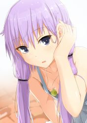 Rule 34 | 1girl, abmayo, adjusting hair, bare shoulders, collarbone, convenient censoring, downblouse, dress, eyebrows, flat chest, tucking hair, jewelry, long hair, looking at viewer, necklace, no bra, open mouth, purple eyes, purple hair, solo, tsurime, twintails, upper body, vocaloid, voiceroid, yuzuki yukari
