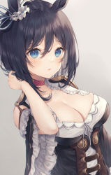 Rule 34 | 1girl, animal ears, black hair, blue eyes, breasts, choker, cleavage, corset, detached sleeves, ear ornament, eishin flash (umamusume), frilled sleeves, frills, grey background, hand in own hair, hand up, highres, horse ears, large breasts, long sleeves, looking at viewer, me meel, parted lips, red choker, short hair, simple background, solo, umamusume, underbust, upper body, wide sleeves