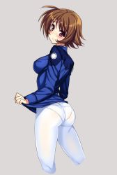 Rule 34 | 1girl, amy limietta, ass, blush, breasts, brown hair, clothes lift, embarrassed, female focus, from behind, highres, large breasts, looking at viewer, lyrical nanoha, mahou shoujo lyrical nanoha, mahou shoujo lyrical nanoha a&#039;s, mature female, miniskirt, panties, panties under pantyhose, pantyhose, pantylines, purple eyes, raiou, short hair, sideboob, simple background, skin tight, skirt, skirt hold, skirt lift, solo, underwear, white pantyhose