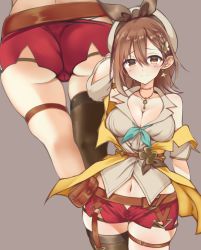 Rule 34 | 1girl, absurdres, ass, atelier (series), atelier ryza, atelier ryza 2, belt, black bow, black thighhighs, bow, braid, breasts, brown eyes, brown hair, cleavage, closed mouth, cowboy shot, earrings, grey background, hair ornament, hat, hat bow, highres, jewelry, key, large breasts, looking at viewer, multiple views, navel, red shorts, reisalin stout, short hair, short shorts, shorts, simple background, single thighhigh, thighhighs, thighs, white headwear, yuu ms1974