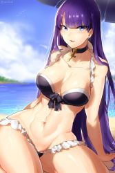 Rule 34 | 1girl, arm support, bare arms, bare shoulders, beach, bikini, bird, black bikini, black choker, blue eyes, blue sky, blunt bangs, blush, breasts, choker, cloud, cross, cross necklace, day, earrings, fate/grand order, fate (series), frilled bikini, frills, highres, jewelry, large breasts, long hair, looking at viewer, martha (fate), martha (swimsuit ruler) (fate), navel, necklace, ocean, outdoors, parasol, parted lips, purple hair, sand, seagull, sitting, sky, smile, solo, suurin (ksyaro), swimsuit, umbrella, very long hair, water