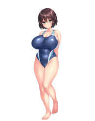 1girl aqua_eyes arms_behind_back blush bob_cut breasts brown_eyes brown_hair competition_swimsuit courreges_accel female_focus full_body highleg highleg_one-piece_swimsuit highres large_breasts one-piece_swimsuit original short_hair simple_background solo standing swimsuit wet