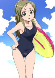 Rule 34 | 10s, 1girl, :o, brown hair, cloud, day, green eyes, hands on own hips, long hair, minamino kanade, oimanji, one-piece swimsuit, precure, sky, solo, suite precure, swimsuit