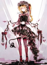 Rule 34 | 1girl, alternate costume, black footwear, black nails, blonde hair, dress, expressionless, flandre scarlet, frills, full body, hair between eyes, interlocked fingers, laevatein (tail), nail polish, red eyes, red thighhighs, saegome, shoes, short dress, side ponytail, solo, standing, striped clothes, striped thighhighs, tail, thighhighs, touhou, wings