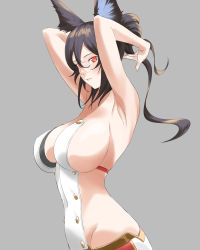 Rule 34 | 1girl, animal ears, arm behind head, armpit peek, armpits, arms behind head, arms up, back, black hair, breasts, granblue fantasy, grey background, highres, ilsa (granblue fantasy), impossible clothes, large breasts, long hair, looking to the side, red eyes, sideboob, silentmag, solo, white background