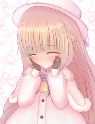 Rule 34 | .live, 1girl, animal ears, bell, black gloves, blush, closed eyes, flower, gloves, hands on own cheeks, hands on own face, hat, heart, heart background, highres, hime cut, long hair, merry milk, qwerty pm, rose, sheep ears, silver hair, twitter username, virtual youtuber, white background