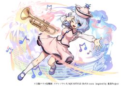 Rule 34 | 1girl, ;d, blue eyes, blue footwear, commentary request, copyright name, copyright notice, frilled hat, frills, full body, game cg, grey hair, hat, instrument, kozakura (dictionary), long sleeves, looking at viewer, merlin prismriver, musical note, one eye closed, open mouth, pink hat, smile, socks, solo, sun hat ornament, touhou, touhou danmaku kagura, trumpet, white socks