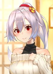 Rule 34 | 1girl, absurdres, bare shoulders, black undershirt, blush, commentary request, fate/grand order, fate (series), hair between eyes, hair ornament, hair scrunchie, highres, long hair, looking at viewer, mitsudomoe (shape), off-shoulder sweater, off shoulder, red eyes, red scrunchie, ribbed sweater, scrunchie, silver hair, smile, solo, sweater, takubon, tomoe (symbol), tomoe gozen (fate), upper body, white sweater