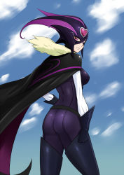 Rule 34 | 10s, 1girl, ass, bakusai, black bodysuit, bodysuit, boots, clenched hand, cloud, cure muse, cure muse (black), day, gloves, hand on own hip, helmet, looking back, mask, precure, shirabe ako, sky, solo, suite precure, thigh boots, thighhighs