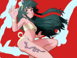 Rule 34 | 1girl, alternate costume, blue background, blush, chest sarashi, commentary request, dragon tattoo, extreme nattou, floating hair, foot out of frame, foot up, from side, fundoshi, green hair, green hairband, grin, hairband, hand up, highres, japanese clothes, looking at viewer, looking to the side, red background, sarashi, sidelocks, simple background, smile, solo, stomach, tattoo, touhoku zunko, two-tone background, underwear, underwear only, voiceroid, wrist wrap, yellow eyes