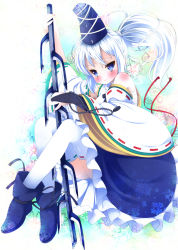 Rule 34 | 1girl, blue eyes, blush, detached sleeves, hat, highres, holding, layered clothes, long hair, long sleeves, mononobe no futo, ponytail, ribbon, seven-branched sword, shoes, silver hair, skirt, smile, solo, tate eboshi, thighhighs, touhou, white thighhighs, wide sleeves, zefa (neoaltemice)