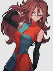 Rule 34 | 1girl, android 21, black sleeves, blue eyes, breasts, checkered clothes, checkered dress, closed mouth, detached sleeves, dragon ball, dragon ball fighterz, dress, earrings, glasses, grey background, hoop earrings, jewelry, kemachiku, long hair, medium breasts, pantyhose, red hair, simple background, smile, solo