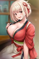 Rule 34 | 1girl, areola slip, bad id, bad twitter id, bar (place), breasts, cleavage, collarbone, hair ribbon, highres, indoors, large breasts, light blush, looking at viewer, lycoris recoil, nishikigi chisato, open mouth, r-binon, red eyes, ribbon, short hair, smile, solo, underwear, white hair