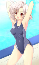Rule 34 | 1girl, alternate color, arena (company), arms behind head, arms up, breasts, character request, competition swimsuit, covered erect nipples, cowboy shot, hizuki aki, logo, md5 mismatch, medium breasts, one-piece swimsuit, pink hair, poolside, red eyes, resolution mismatch, short hair, smile, solo, swimsuit