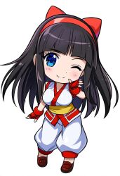 Rule 34 | 1girl, ainu clothes, arm up, black hair, blue eyes, breasts, chibi, fingerless gloves, gloves, hair ribbon, highres, large breasts, legs, long hair, looking at viewer, nakoruru, one eye closed, pants, ribbon, samurai spirits, smile, snk, solo, the king of fighters, thighs, wink