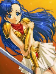 Rule 34 | 1girl, armor, asou yuuko, bikini armor, blue eyes, blue hair, breasts, closed mouth, commentary request, gem, gold armor, gradient background, holding, holding sword, holding weapon, long hair, matsudo aya, midriff, miniskirt, mugen senshi valis, orange background, red scarf, revision, scarf, shoulder pads, skirt, sword, valis, vambraces, weapon, white skirt