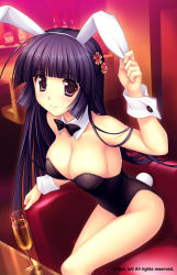 Rule 34 | 1girl, alcohol, animal ears, arm support, bare legs, bare shoulders, bottle, bow, bowtie, breasts, rabbit ears, rabbit tail, playboy bunny, chair, cleavage, couch, cup, detached collar, drink, drinking glass, fake animal ears, female focus, glass, hair ornament, hime cut, himukai kyousuke, large breasts, legs, long hair, looking at viewer, muv-luv, muv-luv alternative, purple eyes, purple hair, sendou yuzuka, sitting, smile, solo, tail, wine glass, wrist cuffs