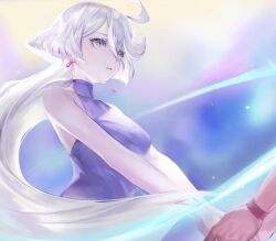 Rule 34 | 2girls, absurdres, ahoge, bare arms, bare shoulders, boony2789, bracelet, breasts, dress, earrings, feet out of frame, grey eyes, grey hair, gundam, gundam suisei no majo, hair between eyes, halter dress, halterneck, highres, holding hands, jewelry, looking at another, medium breasts, miorine rembran, multiple girls, necklace, pale skin, purple dress, short hair with long locks, solo focus, suletta mercury, tan, upper body, v arms