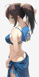 Rule 34 | 1girl, absurdres, ahoge, arm up, ass, bare shoulders, bikini, blue bikini, blue eyes, blue nails, blue sarong, breasts, butt crack, commission, facial mark, from behind, hair tie in mouth, highres, long hair, medium breasts, mouth hold, original, pixiv commission, ponytail, sarong, sidelocks, simple background, solo, stuffed animal, stuffed penguin, stuffed toy, swimsuit, takagi (takag1 k2), tying hair, white background