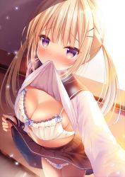 Rule 34 | 1girl, backlighting, blonde hair, blush, bow, bow bra, bow panties, bra, breasts, brown skirt, cleavage, closed mouth, clothes in mouth, clothes lift, commentary request, frilled bra, frilled panties, frills, hair between eyes, hair ornament, hairclip, indoors, lace, lace-trimmed bra, lace trim, lifting own clothes, long hair, looking at viewer, medium breasts, mouth hold, nose blush, original, outstretched arm, panties, pleated skirt, purple eyes, reaching, reaching towards viewer, school uniform, selfie, serafuku, shibainu niki, shirt, shirt in mouth, shirt lift, skirt, skirt lift, solo, standing, twintails, underwear, very long hair, white bra, white panties, white shirt